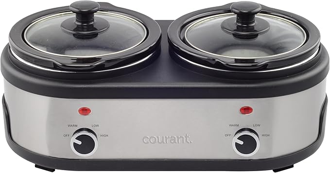 Courant 3.2-Quart Double Slow Cooker(1.6-Qt each) w/Warm Settings, Stainproof Stoneware Pots and Glass Lids – StainlessSteel