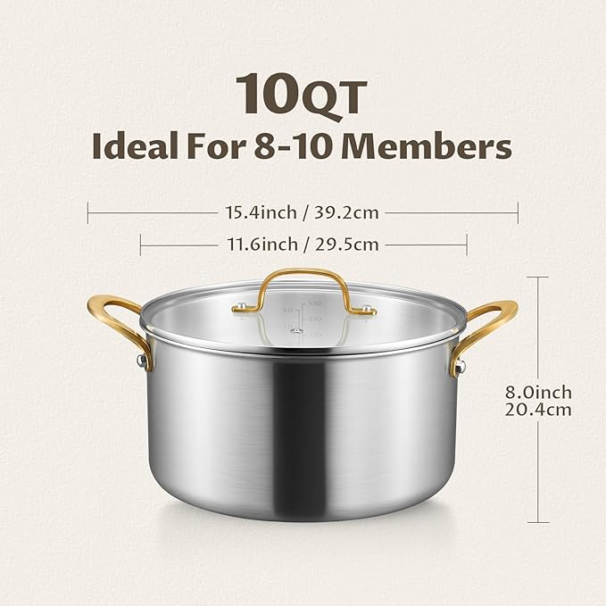 BEZIA 10 Quart Tri-Ply Stainless Steel Stock Pot, Nonstick Stockpot with Sturdy & Double Handle, Even Heating, Induction Cooking Pot for All Stoves, Large Soup Pot for Catering，Groups, Events, Silver