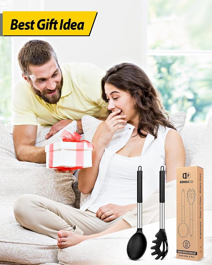 Silicone Pasta Fork and Cooking Spoon Set, Non Stick Kitchen Utensils for Cooking,Stirring,Serving Spaghetti, Soup, Sauce (BLACK)