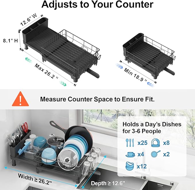 GSlife Expandable Dish Drying Rack - Large Dish Racks for Kitchen Counter with Pan Slot, Anti-Rust Sink Dish Drainer with Drainboard and Utensil Holder, 26.2" Lx12.6 W, Black