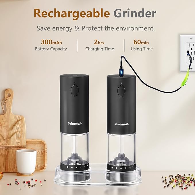Electric Black Salt and Pepper Set with base, Rechargeable 6 External Adjustable Coarseness Automatic Pepper Mill Shakers, 95ml Large Capacity, One-Handed Operation 2 Pack