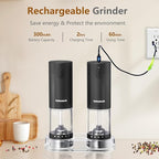 Electric Black Salt and Pepper Set with base, Rechargeable 6 External Adjustable Coarseness Automatic Pepper Mill Shakers, 95ml Large Capacity, One-Handed Operation 2 Pack