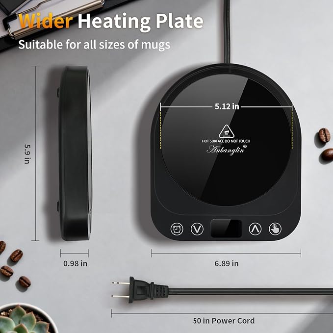 Smart Coffee Mug Warmer, 50W Fast Heating Coffee Warmer for Desk with 5 Temperature Control & 2-12H Auto Shut Off, Electric Large Panel Cup Warmer for Milk, Beverage, Candle, Matte Black