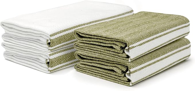 Salt Earth Kitchen Towels Cotton Dish Towel Size 24x14 Inches Set of 4 100% Ring Spun Cotton Absorbent Quick Dry Herringbone Weave Lint Free Washable Dishcloth Hanging Loop Color White & Green Stripe