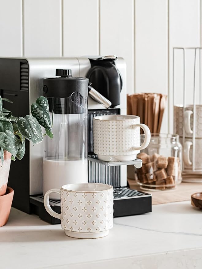 LE TAUCI Stackable Coffee Mugs Set with Stand, Ceramic Espresso Cups for Au Lait, Cappuccino,Latte,Cafe,Mocha,Tea, Suit For Housewarming Wedding- 8 oz, Set of 4,Arctic white