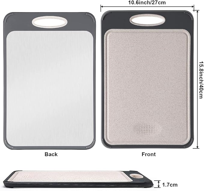 GUANCI Cutting Board for Kitchen, Stainless Steel Cutting Board Double Sided for Chopping Meat/Vegetables, Stainless Steel/Wheat Straw PP, Kitchen Gifts Easy to Clean Large 16”×11”