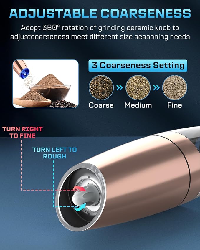 XinXu Gravity Automatic Electric Pepper and Salt Grinder, Auto Salt or Pepper Mill Shaker Stainless Steel,Blue LED Light,One Hand Operated, Copper