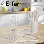 E-far Silicone Cooking Utensils Set, 24Pcs Heat Resistant Kitchen Utensil with Holder, Silicone Kitchen Tools with Spatula Turner Spoon Tongs Whisk, Non-Toxic & Dishwasher Safe (Khaki)