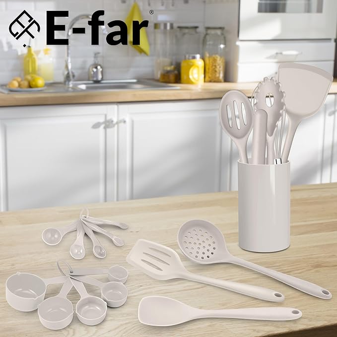 E-far Silicone Cooking Utensils Set, 24Pcs Heat Resistant Kitchen Utensil with Holder, Silicone Kitchen Tools with Spatula Turner Spoon Tongs Whisk, Non-Toxic & Dishwasher Safe (Khaki)