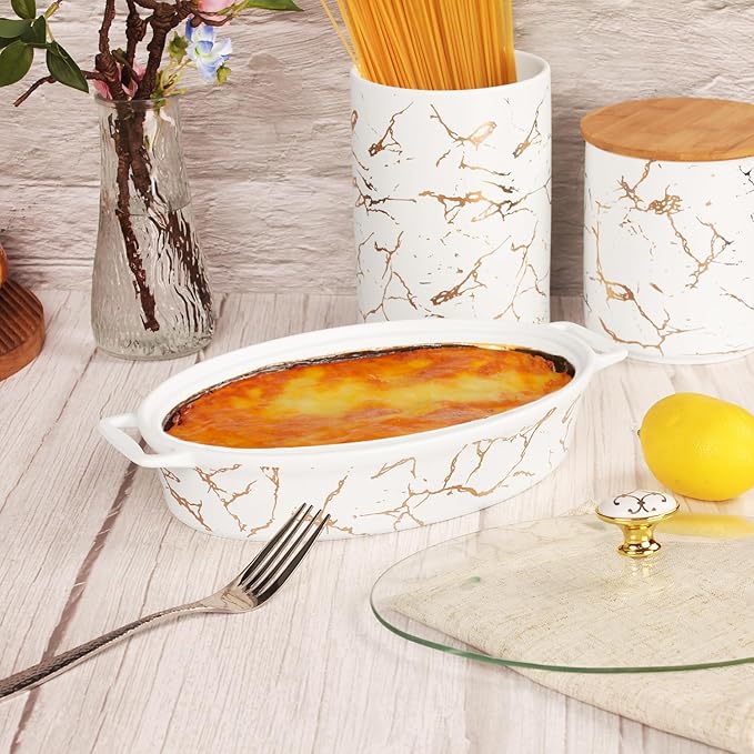 10" x 6" Ceramic Casserole Baking Dish With Glass cover, Lasagna Pan Deep for Oven, 34 ounce Baking Pan with Handles, Oven Safe & Durable Bakeware for Home Decor