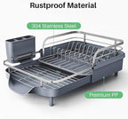 Dish Drying Rack, Expandable Dish Rack for Kitchen Counter, Stainless Steel Dish Drainer with Drainboard Set and Utensil Holder (Gray)