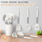 Silicone Kitchen Utensils Set, 15pcs White Silicone Cooking Utensils Set with Holder, Includes Heat Resistant Spatula Turner Spoon Whisk Tong