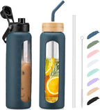 Kodrine Water Bottle with Straw, 24 oz Glass water Bottle with 2 Lids Bamboo Straw Lid and Spout Lid with Handle, 32 oz Clear Water Bottle Glass for Sports Travel, Waterbottle with Time Marker