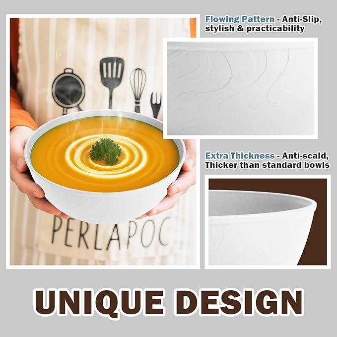 Wheat Straw Cereal Bowls 40 OZ, Unbreakable Bowls Set of 6, Microwave & Dishwasher Safe Bowl for Kitchen, Reusable Plastic Bowl for Cereal, Soup, Salad and Ramen, White