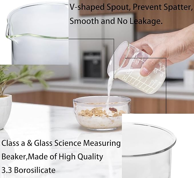 Ackers Etched Graduated Glass Measuring Cup - V-Shaped Spout- High Borosilicate Glass Measuring Cup for Kitchen or Dining, Easy to Read, 250ml (8oz, 1 Cup)