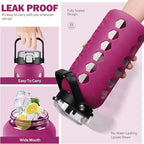 MUKOKO Half Gallon/64 oz Glass Water Bottles with Straw and Lid,Motivational Water Jug with Time Marker Reminder and Silicone Sleeve,100% Leakproof BPA Free Fitness Sports Large Bottle-Rose