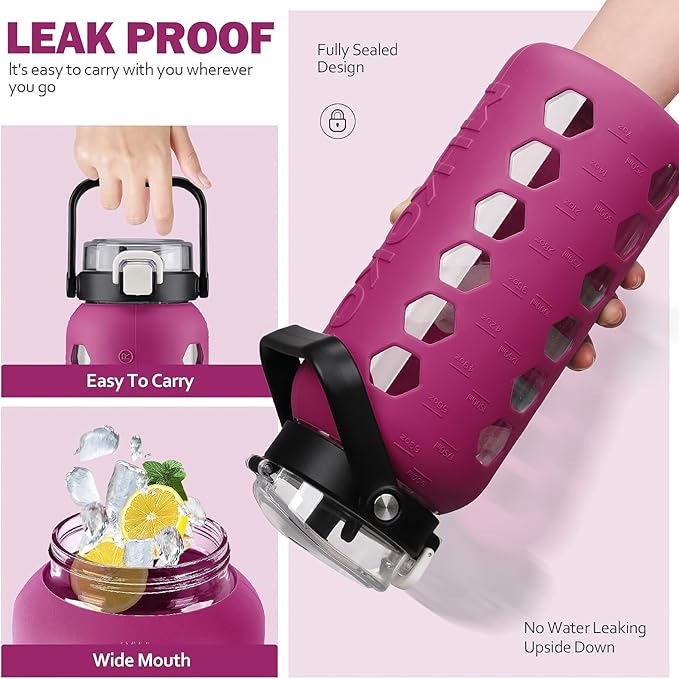 MUKOKO Half Gallon/64 oz Glass Water Bottles with Straw and Lid,Motivational Water Jug with Time Marker Reminder and Silicone Sleeve,100% Leakproof BPA Free Fitness Sports Large Bottle-Rose