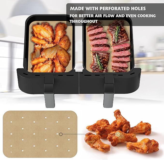 WMKGG Rectangular Air Fryer Parchment Paper, 200 PCS Disposable Perforated Air Fryer Liners with 2 Grilling Mat for Ninja DZ201 Foodi 6-in-1 8-qt. 2-Basket