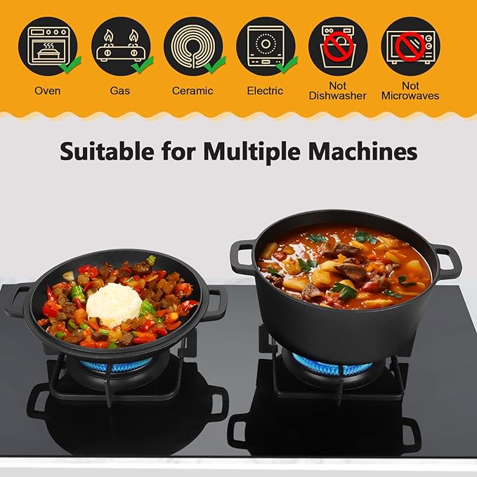 P&P CHEF 5Qt Dutch Oven Pot for Bread Baking (Black), 2 In 1 Round Cast Iron Dutch Oven with Lid Set, Skillet & Pot for Roasting Braising Stewing Frying Simmering, Multi Stoves & Oven Safe