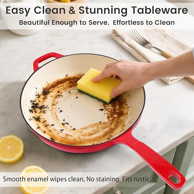 Hisencn Enameled Cast Iron Frying Pan Set, 3 Piece Set of 8''/9.5''/11'' Skillets, PFAS & PTFE & PFOA Free, Gas/Induction/Electric/Oven Compatible, Rouge Red