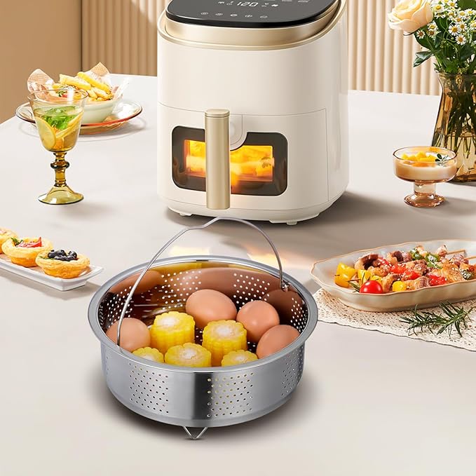 UPKOCH Pasta Strainer Steamer Basket Stainless Steel Vegetable Steamer Basket Insert Chinese Dumpling Rice Cooker Steaming Basket with Handle for Veggie Fish Seafood Cooking 22cm