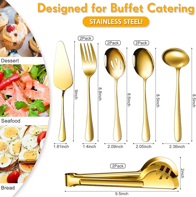 Patelai Serving Utensils Set Include Stainless Steel Large Spoons Slotted Spoons Forks Tongs Soup Ladle and Pie Server for Parties Buffet Catering, Dishwasher Safe(Gold,10 Pieces)