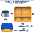 Bento Box for Kids - Leak-Proof Lunch Box with Insulated Thermos Food Jar - 4 Compartments, 1 Removable Divider, 1Spoon, 1 Fork - Dishwasher Safe, BPA-Free (Blue)