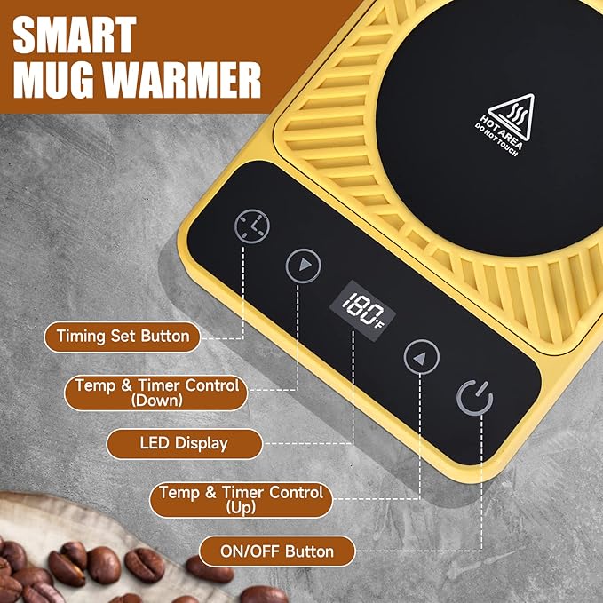 Mug Warmer - Electric Coffee Mug Warmer with Timer,Coffee Cup Warmer for Desk Auto Shut Off,Smart 6-Temperature Control, Coffee Accessories for Coffee Lovers, Yellow