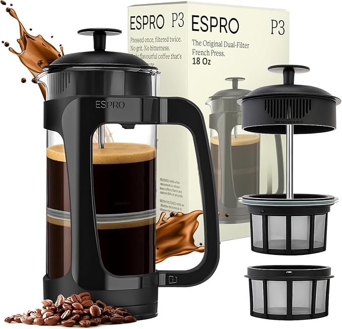 ESPRO P3 French Press Coffee Maker – Patented Double Micro-Filter for Grit-Free Brew, Heat Resistant thicker Borosilicate Glass Coffee press – (18 oz)