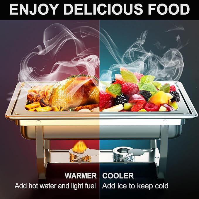 MEEZY 4 Pack 9QT Chafing Dish Buffet Set, Stainless Steel Buffet Chafers with Full Size, Half Size, Size Pan Foldable Catering Food Warmer for Wedding Banquet Catering Party