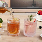 Vintage Glassware Drinking Glasses Set of 6,12 oz Hobnail Glass Cups,Embossed Clear Water Tumbler,for Beer,Cocktail,Whiskey,Juice and Various Mixed Drinks- 1 Cleaning Brush