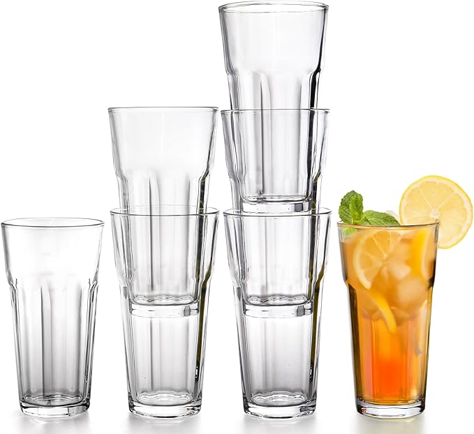 Yopay Set of 6 Drinking Glasses 16oz, Thick Tempered Water Glasses, Lead-Free Highball Pint Clear Iced Hot Tea Glassware for Juice, Beer, Cocktails Milkshake, Soda Tumbler