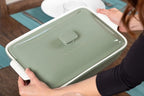 Stoneware Casserole Dish Bakeware Set with Lid, Covered Rectangular Dinnerware, Large 3.2 Quart, 11 by 9 Inch, Verde Salvia [Sage Green]