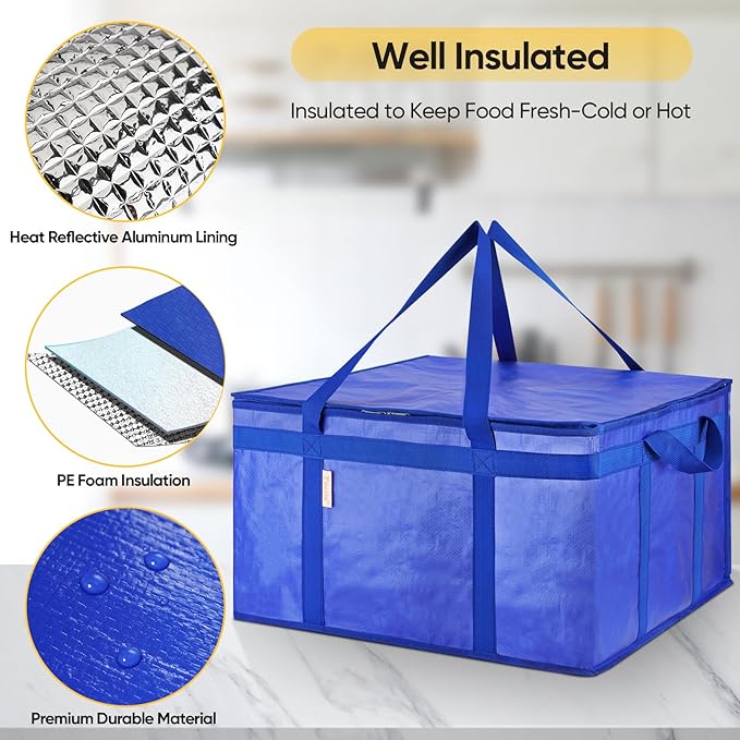BALEINE 2Pk Insulated Reusable Grocery Bags, Collapsible Cooler Bag for Groceries, Heavy Duty Large Insulated Bag (19.5''x19.5''x11.5'', Midnight Blue)