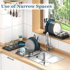 Small Sink Dish Drying Rack with Drainboard and Utensil Holder, Rustproof Compact Dish Drainer Plate Organizer for Kitchen Countertop & Over The Sink, Black