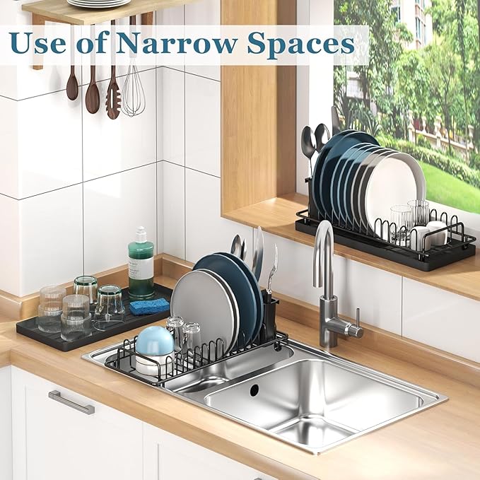 Small Sink Dish Drying Rack with Drainboard and Utensil Holder, Rustproof Compact Dish Drainer Plate Organizer for Kitchen Countertop & Over The Sink, Black