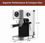 VEGETA Espresso Machine 20 Bar, Small Coffee Maker with 40oz Removable Water Tank, Stainless Steel Espresso Machine with Steam Milk Frother, Latte & Cappuccino Machine for Home, Silver