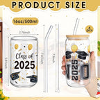 6 Pcs 2025 Graduation Gifts Class of 2025 Graduation Glass Cups with Lids and Straws 16 oz Grad Drinking Tumbler Graduate Iced Coffee Cup for College High School Student Grad Party Favor Gift