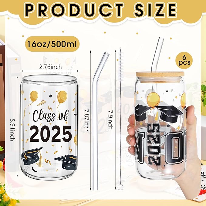 6 Pcs 2025 Graduation Gifts Class of 2025 Graduation Glass Cups with Lids and Straws 16 oz Grad Drinking Tumbler Graduate Iced Coffee Cup for College High School Student Grad Party Favor Gift