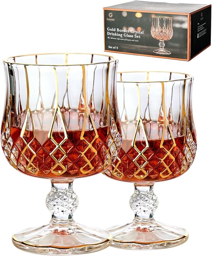 GLASKEY Crystal Brandy and Cognac Snifter Glasses Set of 2-24K Gold Hand Decorated,Short Stem Cognac Glass Brandy Goblets for Bourbon,Scotch,Tequila,Armagnac,Rum,Gift Ideas-7oz