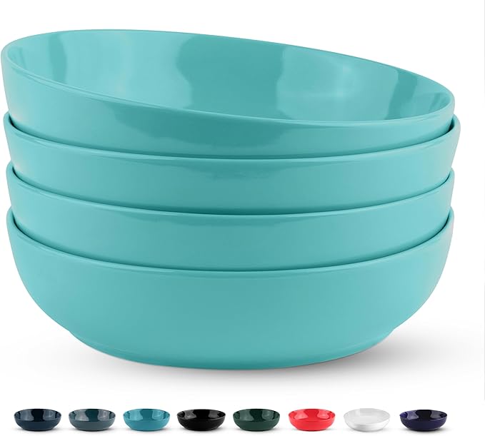 KooK Pasta Bowl, Salad Bowls, Soup, Serving Bowls, Ceramic, Large Capacity, Microwave & Dishwasher Safe, Set of 4, 40 Oz,(Light Turquoise)