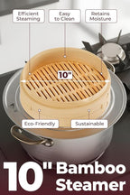 Prime Home Direct Bamboo Steamer Basket 10-Inch | 2-Tier Steamer for Cooking | 50 Liners, Chopsticks, Sauce Dish | Steaming Asian Food, Bao Buns, Chinese, Dim Sum, Dumpling, Rice, Vegetable Steam Pot