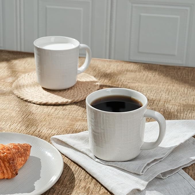 famiware Moonlight Coffee Mug Set of 4, 13oz Mug Set with Linen Finish, Coffee Cup Set with Handle for Latte, Cappuccino, Tea, Hot Cocoa, Microwave and Dishwasher Safe, White