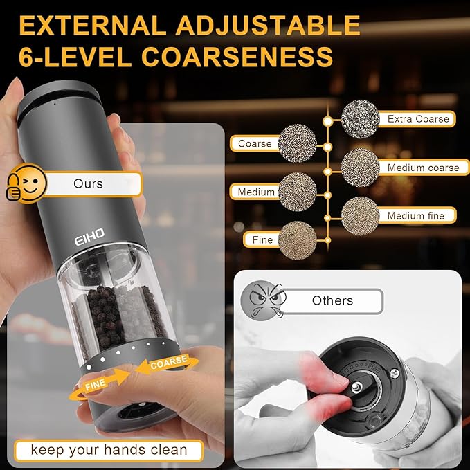 EIHO Electric Salt and Pepper Grinder Set USB Rechargeable, Upgraded External Adjustable Coarseness, Aluminum Alloy Automatic Salt and Pepper Shakers Mills with LED Light, House Warming Cooking Gifts