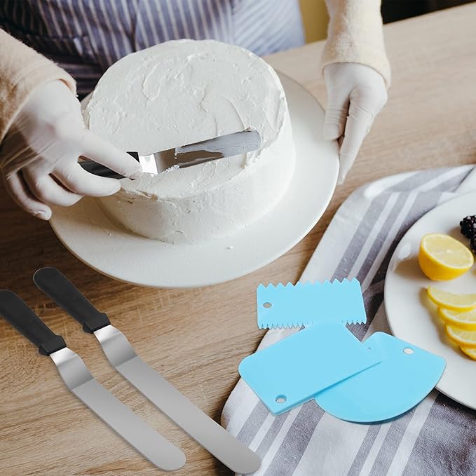 Angled Icing Spatula Set and 3 Packs Cake Scrapers Smoother, Stainless Steel Offset Spatulas Cake Frosting Spatula Set for Pastry Decorating Tools