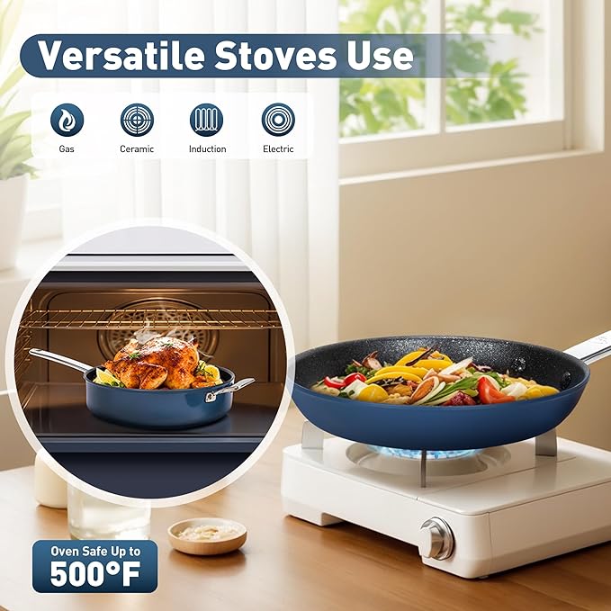 DishDelight Pots and Pans Set Nonstick, Nonstick Frying Pan, 10 Inch Fry Pan, 12 Qt Ceramic Saute Pan with Glass Lid, Induction Cookware Set, Added Plasma Diamond, Blue