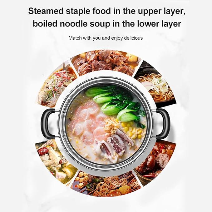 Oumefar Steamer Pot for Cooking, 11in Stainless Steel 2 Layer Steamer Cooking Pot Set, Multipurpose Steamer Pan Set with Glass Lid, Steaming Pot Cookware for Dumpling, Vegetable