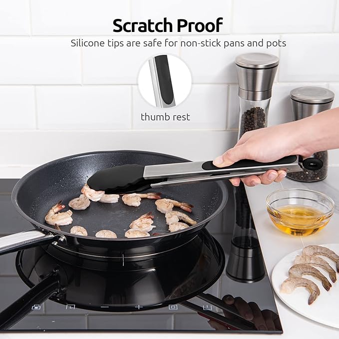 600ºF Heat Resistant Kitchen Tongs: U-Taste 12 inch Large Silicone Cooking Tong with Sturdy Non Stick Rubber Tips & Silicon Coated 18/8 Stainless Steel Handle & Smooth Locking for Serving Grill(Black)