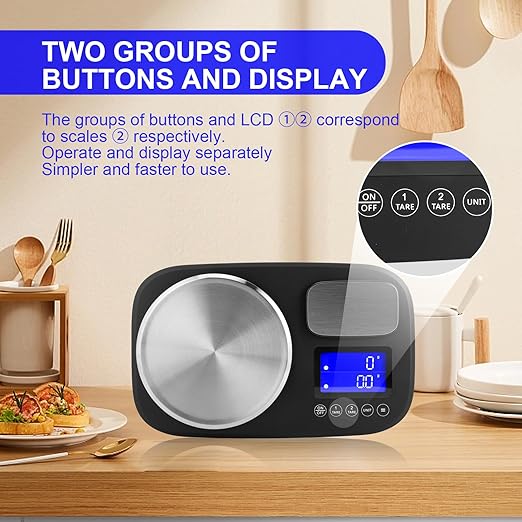 Dual Platform Digital Kitchen and Food Scale, Precise Capacity of 2.2lbs and 10Kg(Min 0.1oz/1oz), Stainless Steel, 6/7 Units, Tare Function, Auto-off, Perfect for Baking Cooking Food Weighing