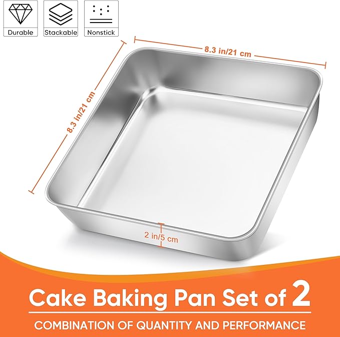 Herogo 8 x 8 Baking Pan Set of 2 for Oven, Stainless Steel Square Cake Pan for Lasagna Brownies Casseroles Cakes, Dishwasher Safe & Durable
